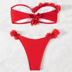 Red Mesh Flower Bandeau Bikinis Sets