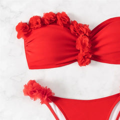 Red Mesh Flower Bandeau Bikinis Sets
