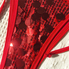 Red Sequin Shiny Bandeau Bikini String Micro Thong Swimsuit Metal Ring Swimwear Bikinis Sets