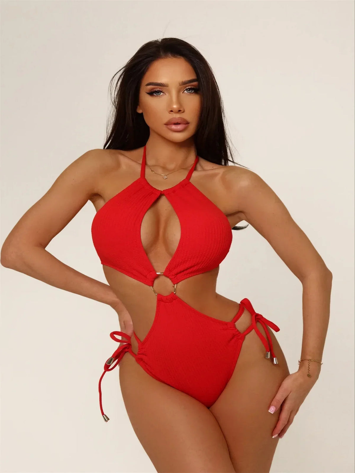 Red Solid Color One Piece Swimsuit