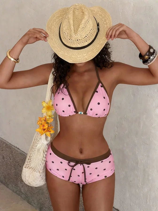 Retro Polka Dot Two Piece Bathing Suit Halter String Bikini Elastic Waist Drawstring Boyshort Swimwear Female Swimsuits