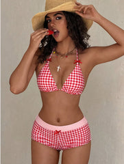 Retro Polka Dot Two Piece Bathing Suit Halter String Bikini Elastic Waist Drawstring Boyshort Swimwear Female Swimsuits