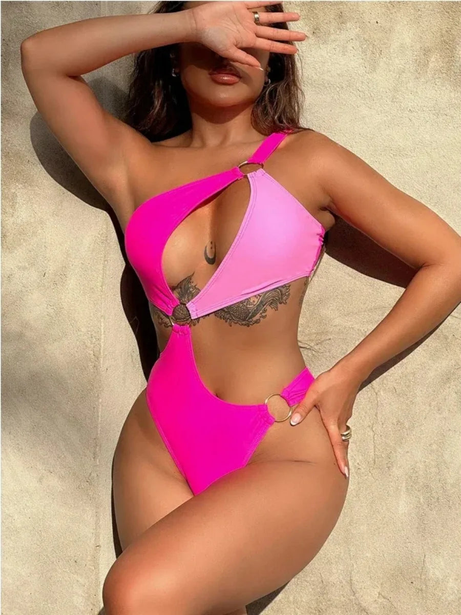 Rose Red Bikini One Piece Swimwear Single Shoulder Irregular Hollow Out Monokini High Waist Backless Swimsuit