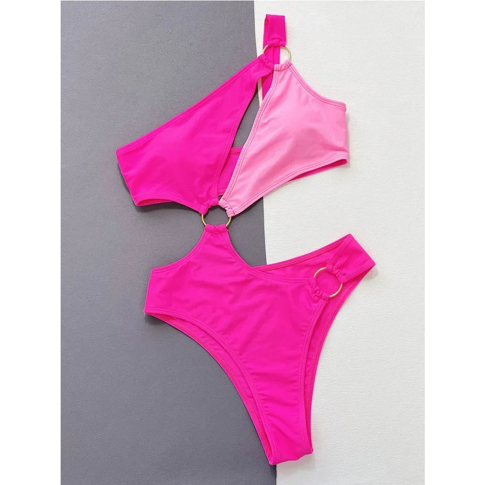 Rose Red Bikini One Piece Swimwear Single Shoulder Irregular Hollow Out Monokini High Waist Backless Swimsuit