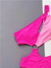 Rose Red Bikini One Piece Swimwear Single Shoulder Irregular Hollow Out Monokini High Waist Backless Swimsuit