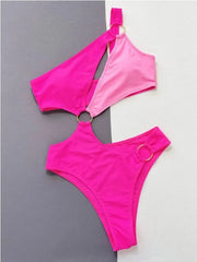 Rose Red Bikini One Piece Swimwear Single Shoulder Irregular Hollow Out Monokini High Waist Backless Swimsuit