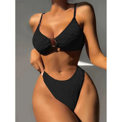 Rose Red High Waist 2-piece Swimsuit Solid Color V-neck Suspender Bikini Backless Bathing Suit Beach Swimwear