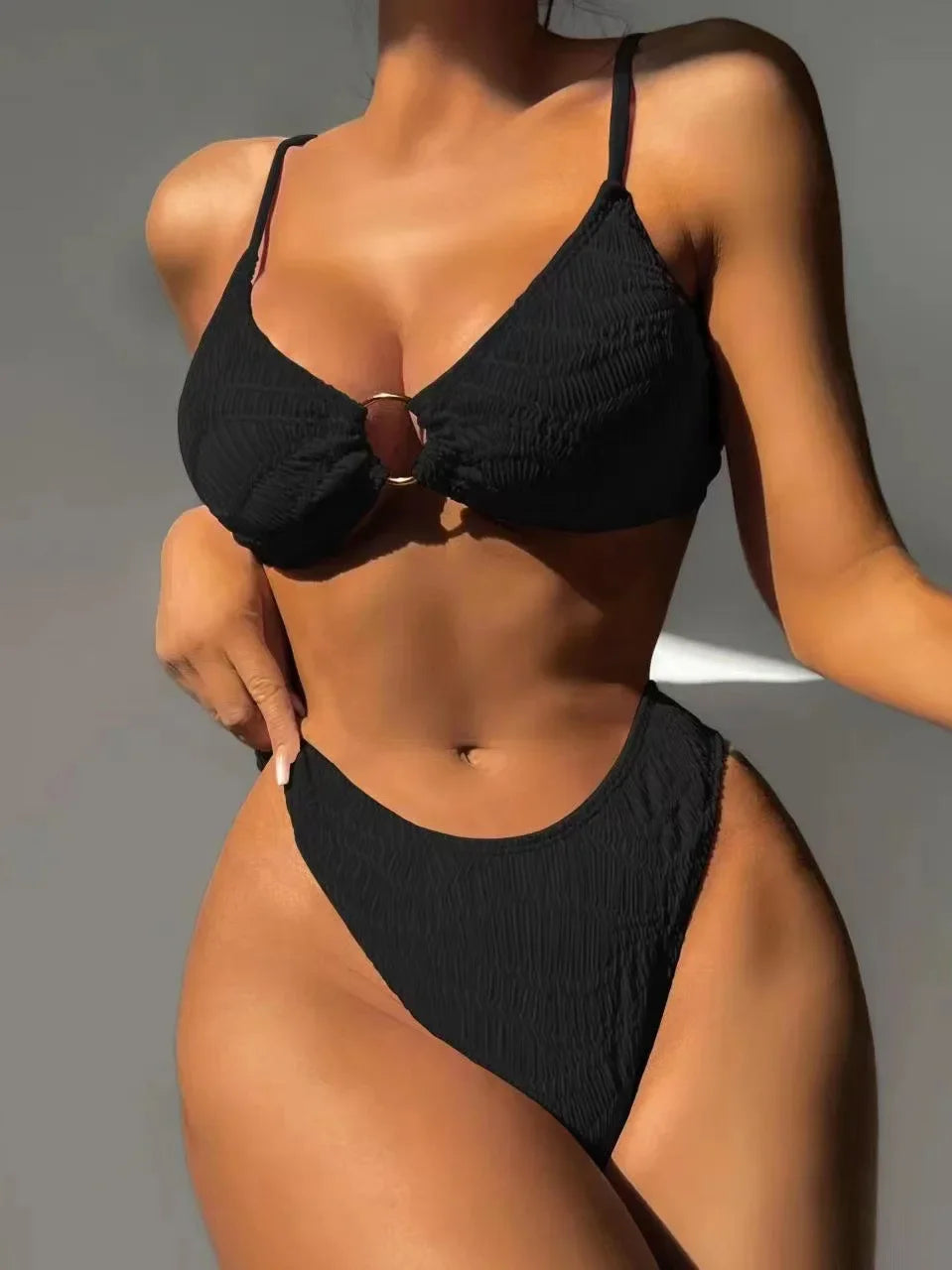 Rose Red High Waist 2-piece Swimsuit Solid Color V-neck Suspender Bikini Backless Bathing Suit Beach Swimwear