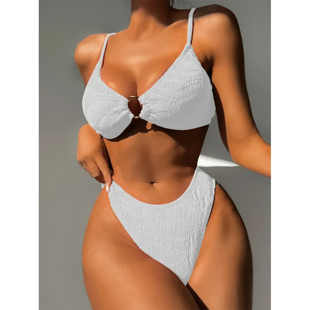 Rose Red High Waist 2-piece Swimsuit Solid Color V-neck Suspender Bikini Backless Bathing Suit Beach Swimwear