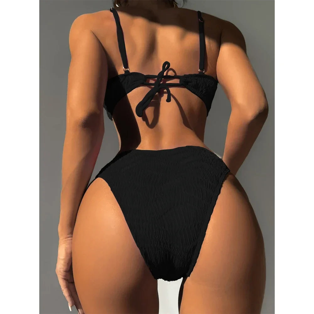 Rose Red High Waist 2-piece Swimsuit Solid Color V-neck Suspender Bikini Backless Bathing Suit Beach Swimwear
