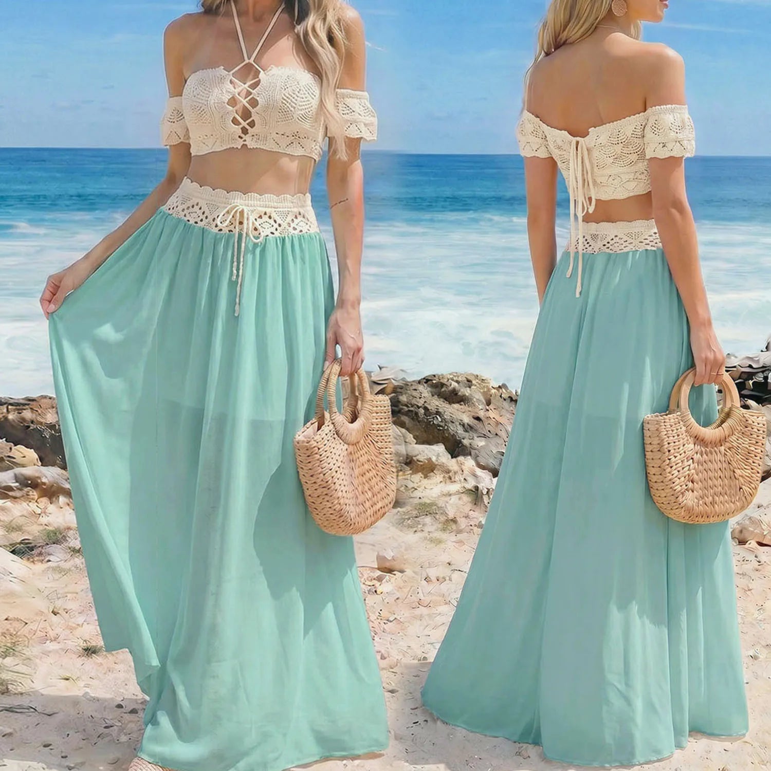 S - XL Bandeau Crochet Knitted 2 Pieces Suits Tunic Beach Cover Up Cover-ups Beach Dress Beach Wear Beachwear Female Women