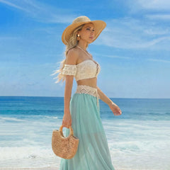 S - XL Bandeau Crochet Knitted 2 Pieces Suits Tunic Beach Cover Up Cover-ups Beach Dress Beach Wear Beachwear Female Women