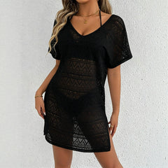 S - XL V Neck Short Sleeve Hollow Out Knitted Tunic Beach Cover Up Cover-ups Beach Dress Beach Wear Beachwear Female Women