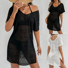 S - XL V Neck Short Sleeve Hollow Out Knitted Tunic Beach Cover Up Cover-ups Beach Dress Beach Wear Beachwear Female Women