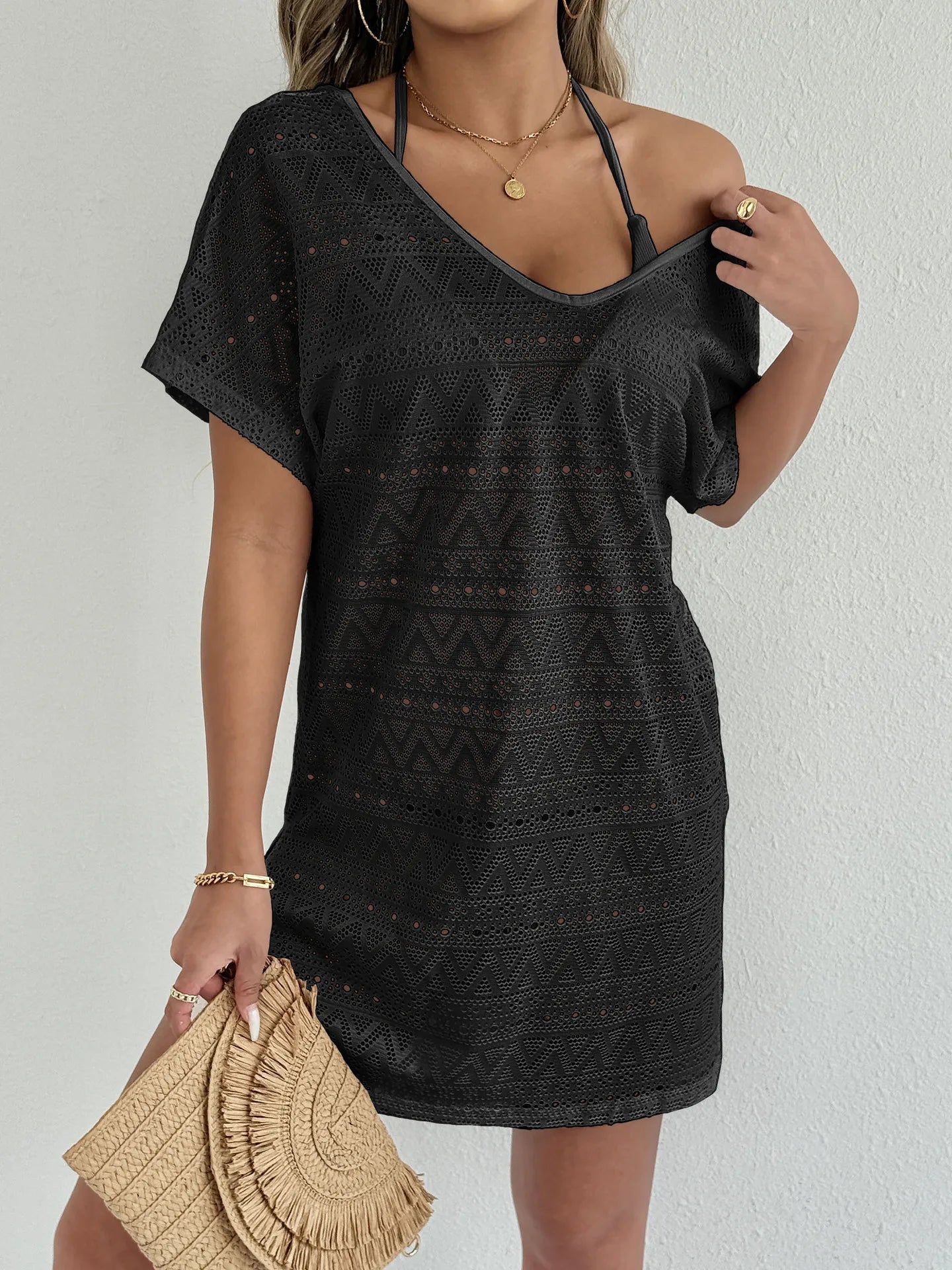 S - XL V Neck Short Sleeve Hollow Out Knitted Tunic Beach Cover Up Cover-ups Beach Dress Beach Wear Beachwear Female Women