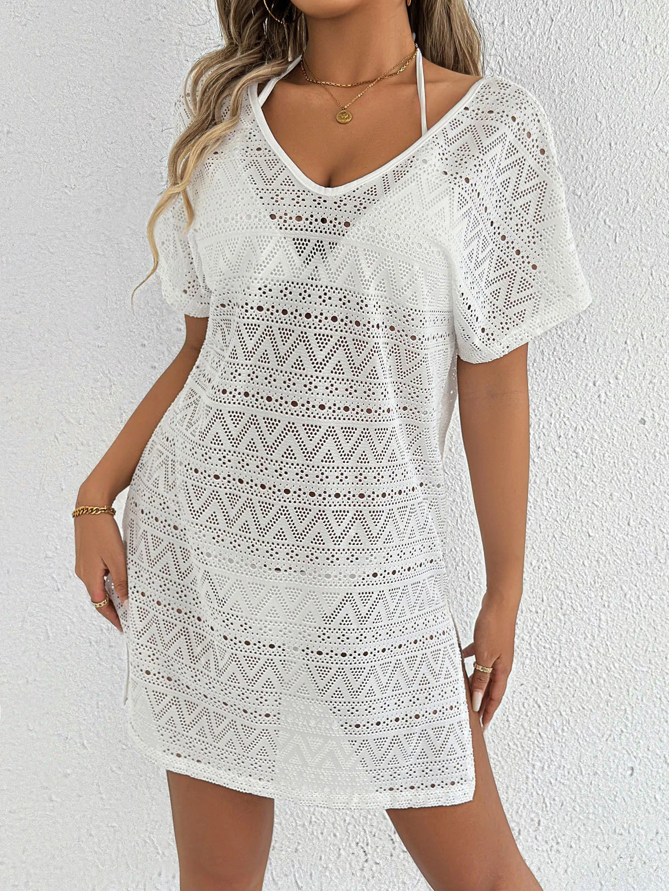 S - XL V Neck Short Sleeve Hollow Out Knitted Tunic Beach Cover Up Cover-ups Beach Dress Beach Wear Beachwear Female Women