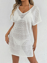 S - XL V Neck Short Sleeve Hollow Out Knitted Tunic Beach Cover Up Cover-ups Beach Dress Beach Wear Beachwear Female Women
