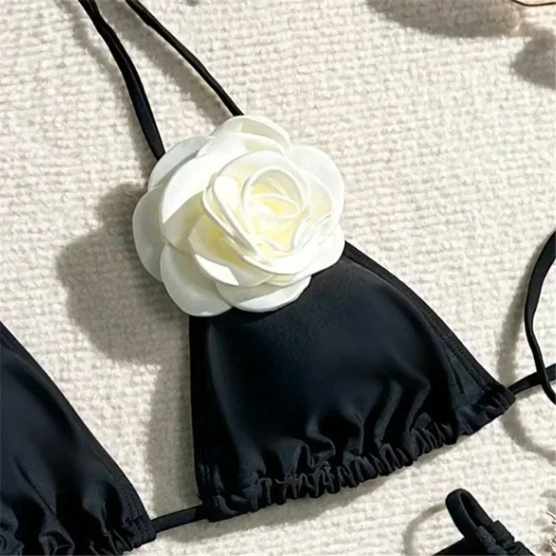 3D Flower Black Triangle Bikinis Sets