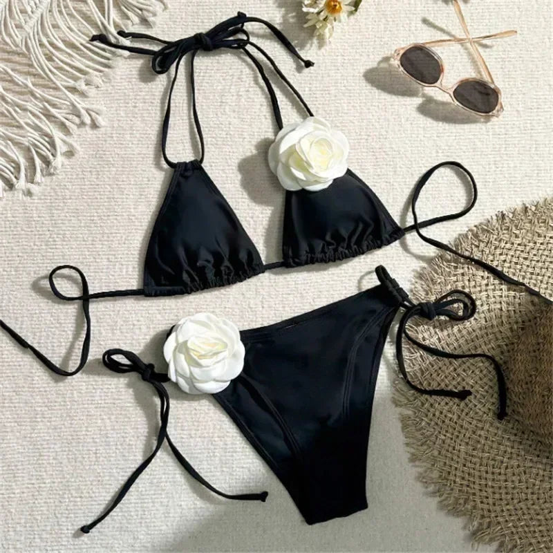 3D Flower Black Triangle Bikinis Sets