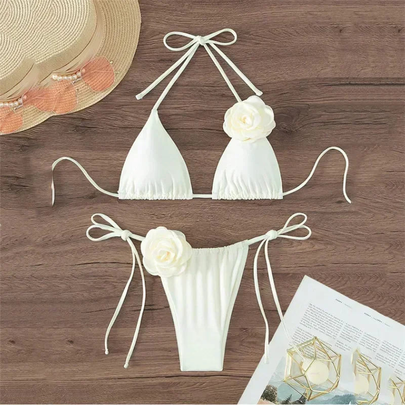 3D Flower Black Triangle Bikinis Sets