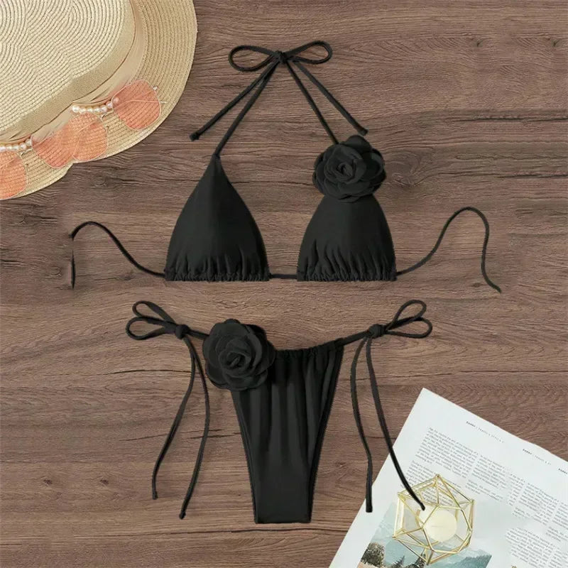 3D Flower Black Triangle Bikinis Sets