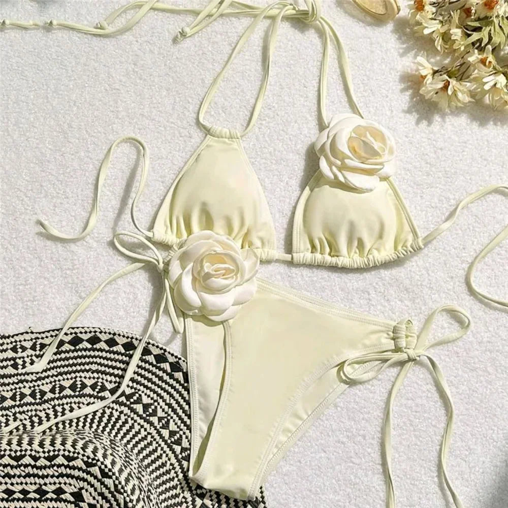 3D Flower Black Triangle Bikinis Sets
