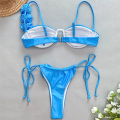 3D Flower Blue Push Up Bikinis Sets