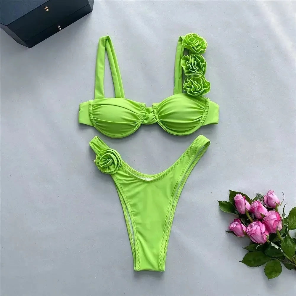 3D Flower Rose Red Push Up Bikinis Sets