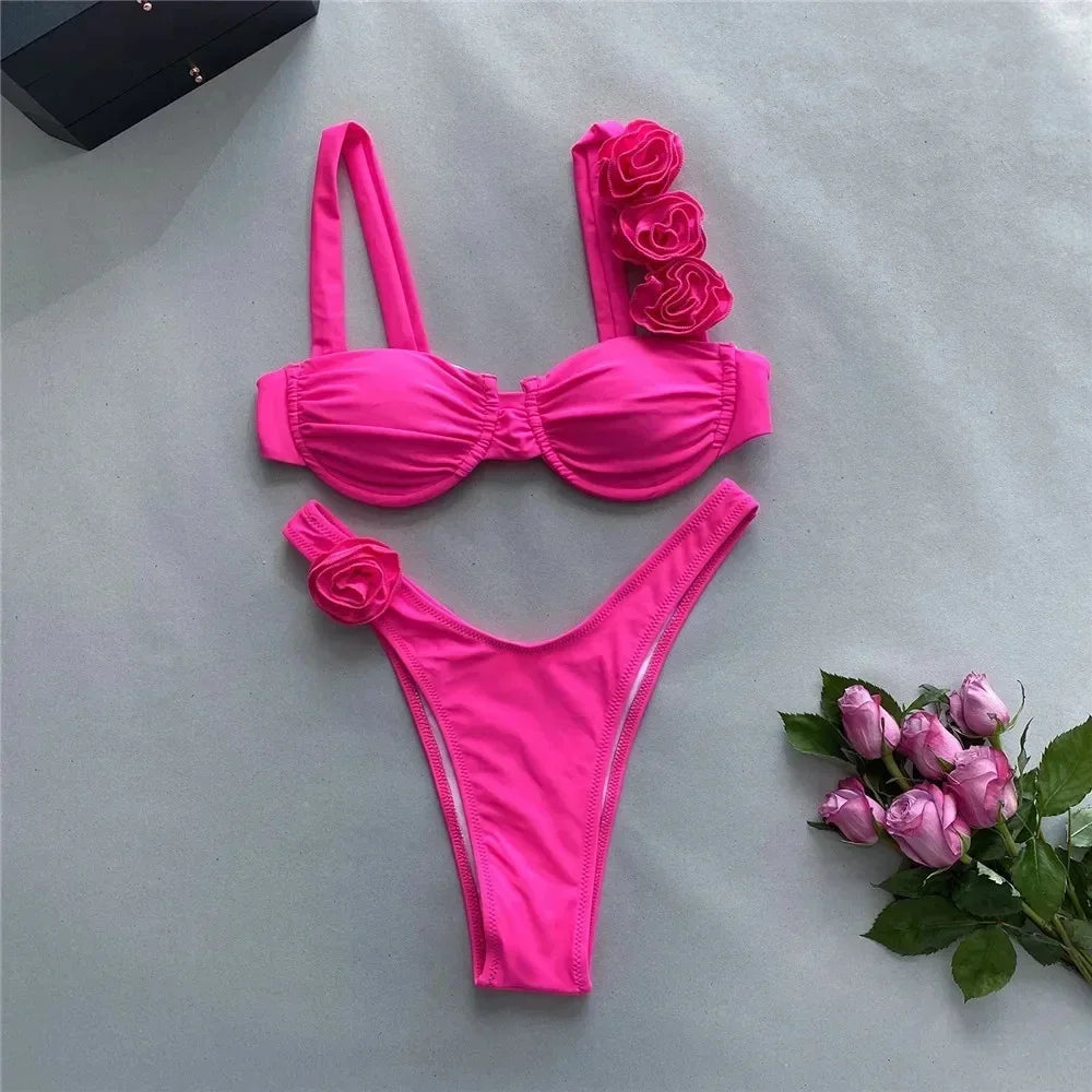 3D Flower Rose Red Push Up Bikinis Sets