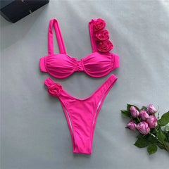 3D Flower Rose Red Push Up Bikinis Sets