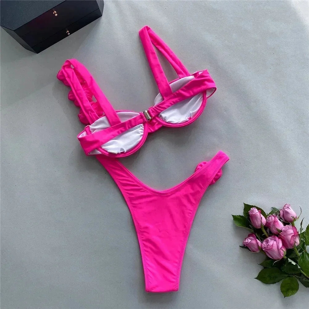 3D Flower Rose Red Push Up Bikinis Sets