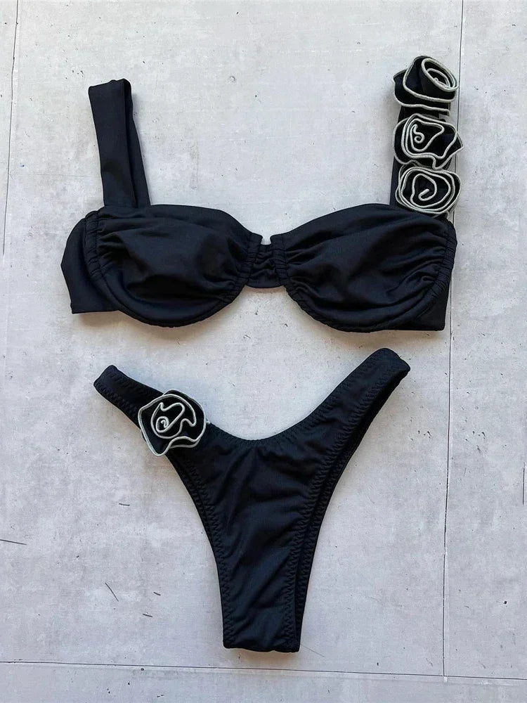 3D Flower Rose Red Push Up Bikinis Sets