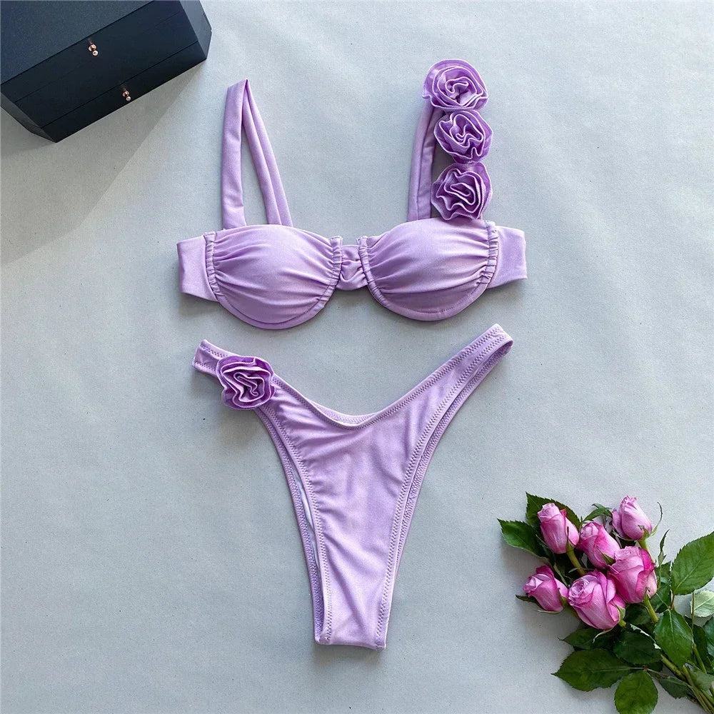 3D Flower Rose Red Push Up Bikinis Sets