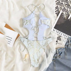 Backless White Swimsuit Woman One Piece Snake Pattern Swimwears Hollow Out Monokini Metal Ring String High Cut Bather
