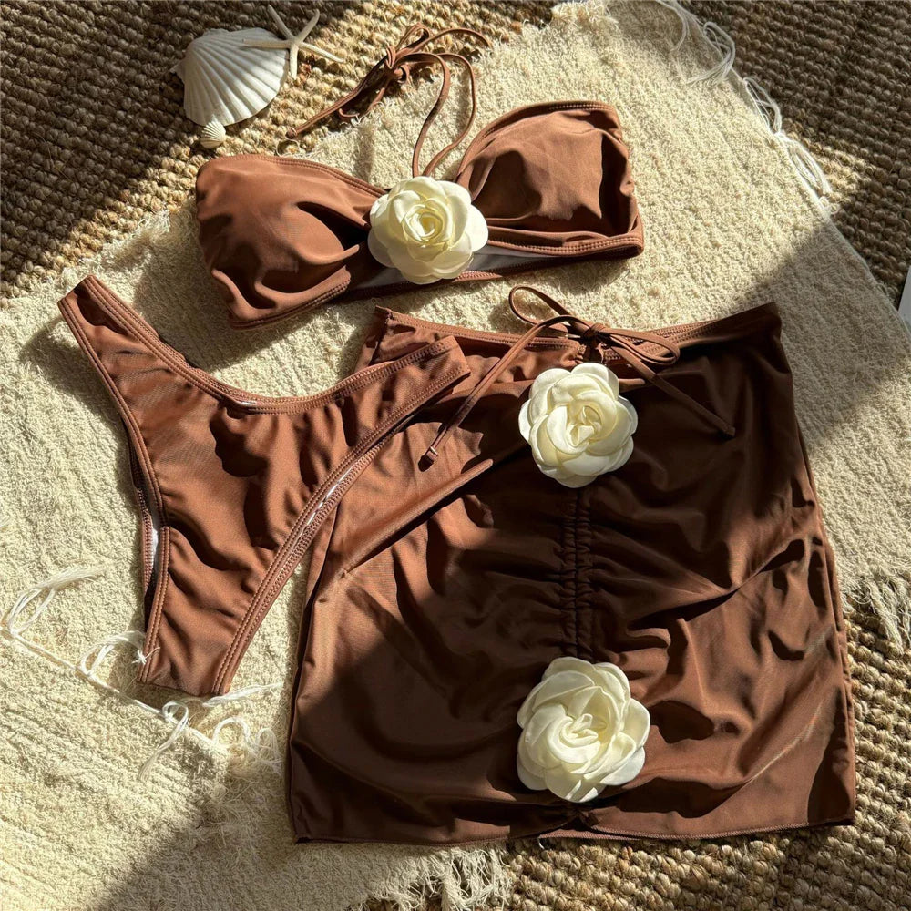 Black 3D Flower Bandeau Swimwear Skirts Cover Ups Thong 3 Piece Bikini Set