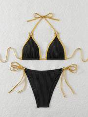 Black Contrast Ribbed Micro Bikini Metal Circle Push Up Tie Side Thong Swimsuit Beach Bathing Suit Swimwear