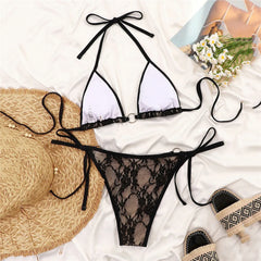 Black Lace Mesh Halter String Triangle Bikini Femmes Micro Thong Swimsuit Metal Ring Swimwear Bikinis Sets