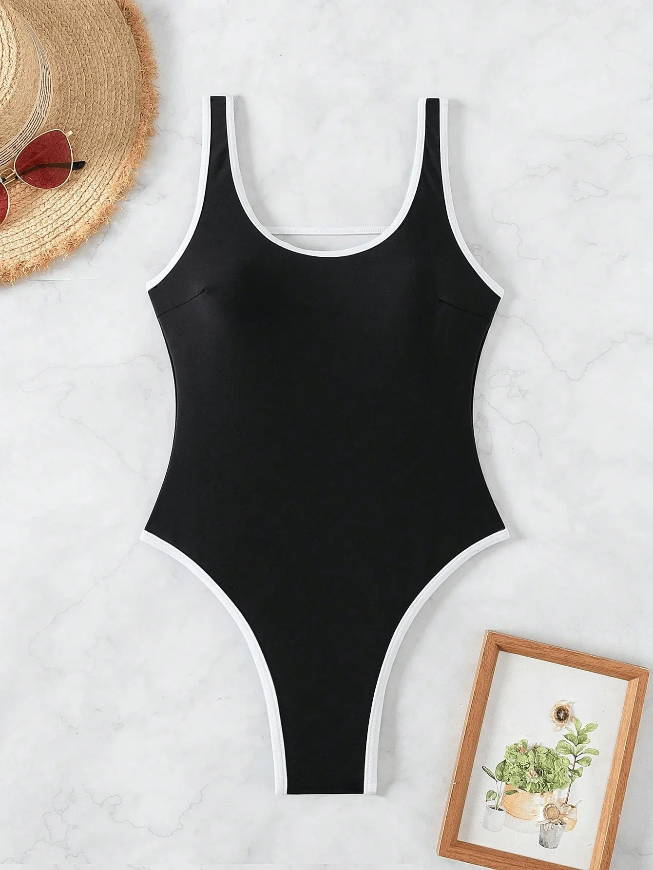 Black Patchwork One Piece Swimsuit Hollow Out Backless Slim Thong Swimwear Beach Bathing Suit Holiday Monokini