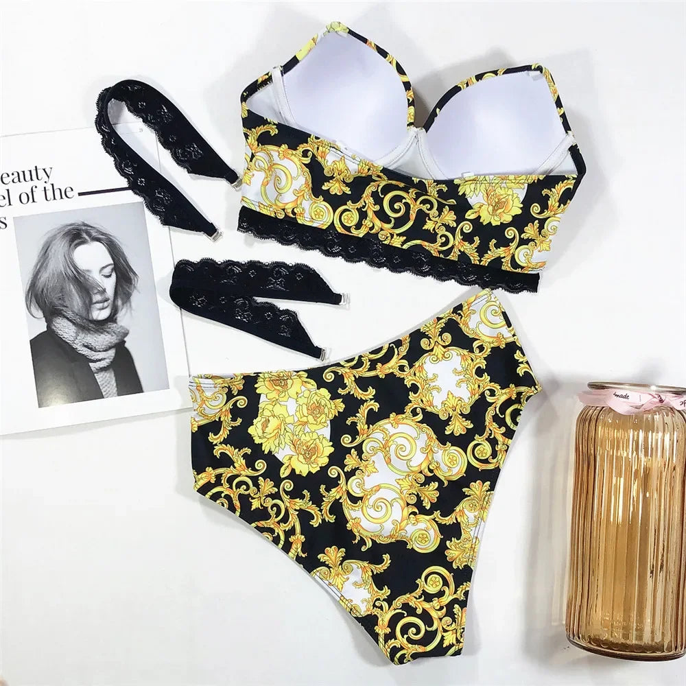 Black Print High Waisted Bikini Push Up Lace Straps Swimsuits Swimwear Bathing Suit Brazilian Bikini Mujer