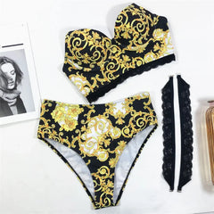 Black Print High Waisted Bikini Push Up Lace Straps Swimsuits Swimwear Bathing Suit Brazilian Bikini Mujer