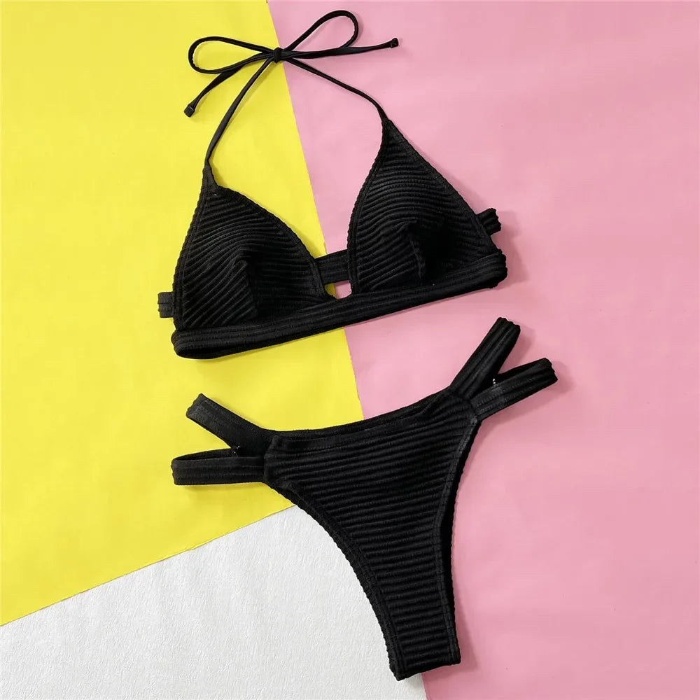Black Ribbed String Halter Swimwear Thong Bikini Mujer Push Up Swimsuit Bathing Suit Bather Bandage Bikinis Set