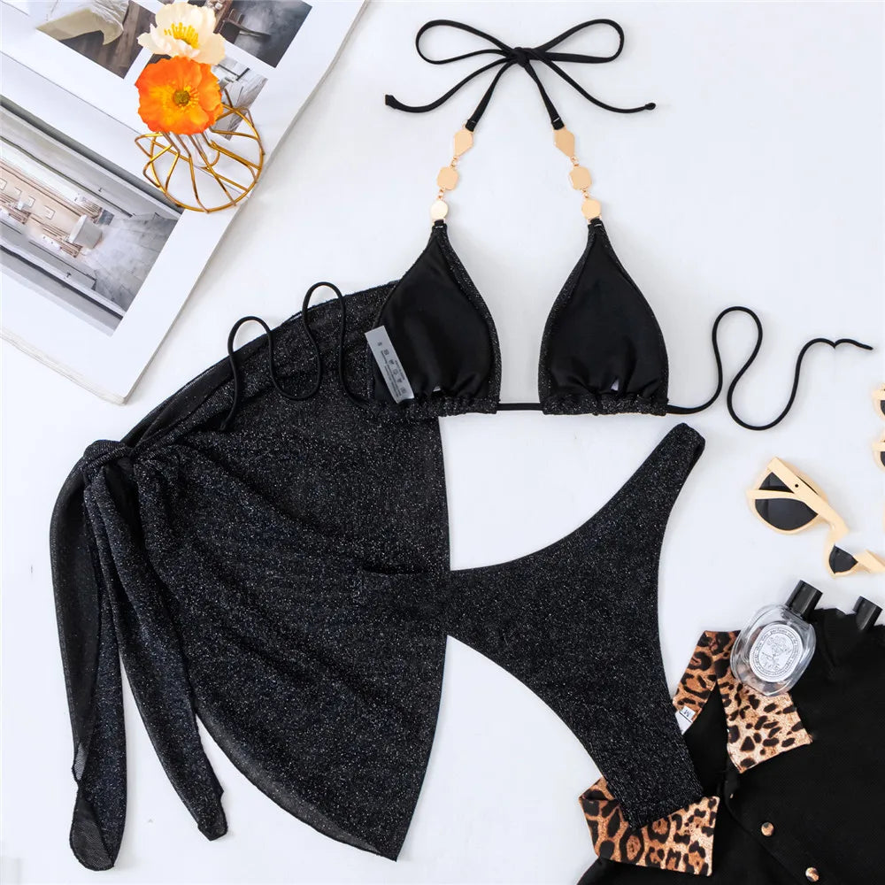 Black Shiny Swimwear Sarong String Halter Triangle Bikinis Sets