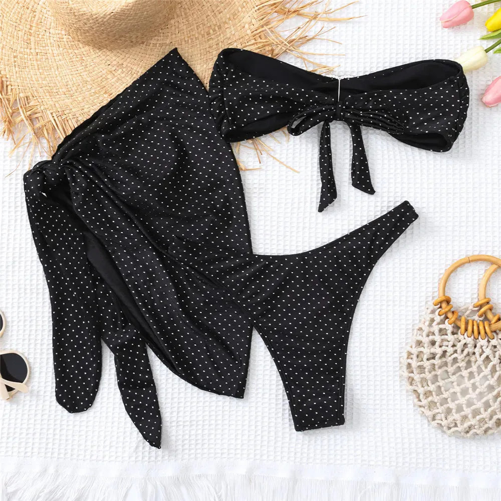 Black Shiny Swimwear Sarong String Halter Triangle Bikinis Sets