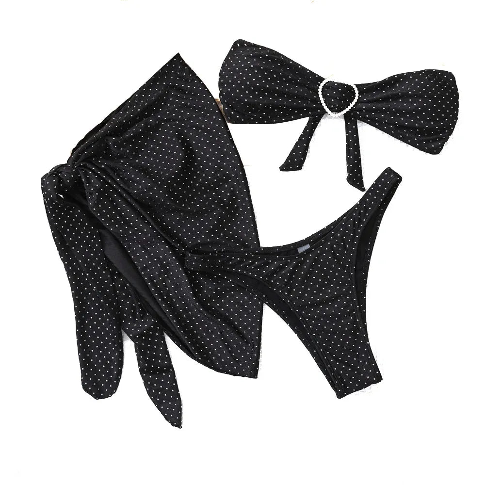 Black Shiny Swimwear Sarong String Halter Triangle Bikinis Sets