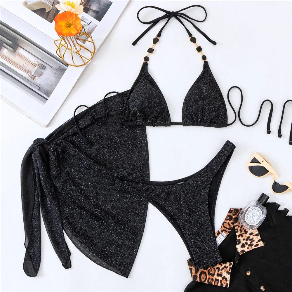 Black Shiny Swimwear Sarong String Halter Triangle Bikinis Sets