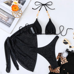 Black Shiny Swimwear Sarong String Halter Triangle Bikinis Sets