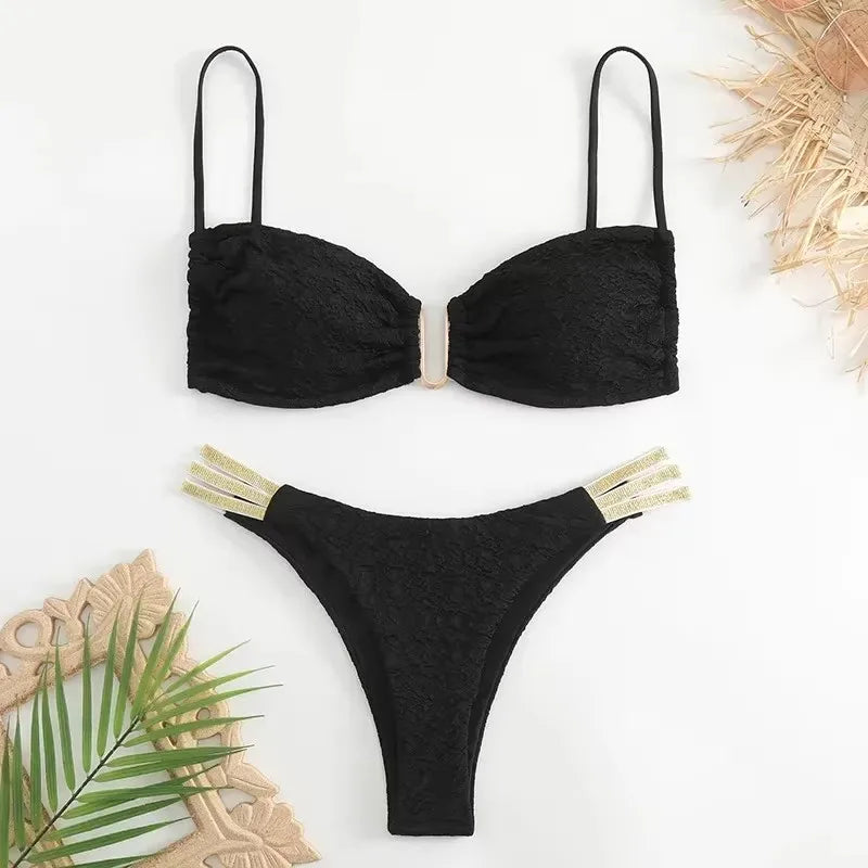 Black Wrinkled Swimwear U Shaped Bandeau Bikinis Sets