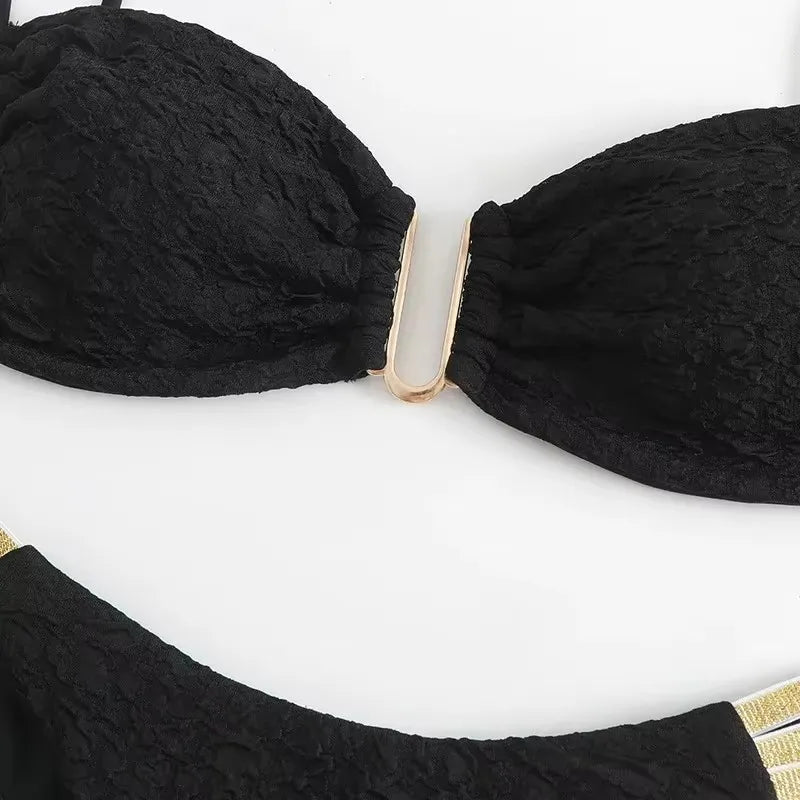 Black Wrinkled Swimwear U Shaped Bandeau Bikinis Sets