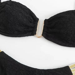 Black Wrinkled Swimwear U Shaped Bandeau Bikinis Sets