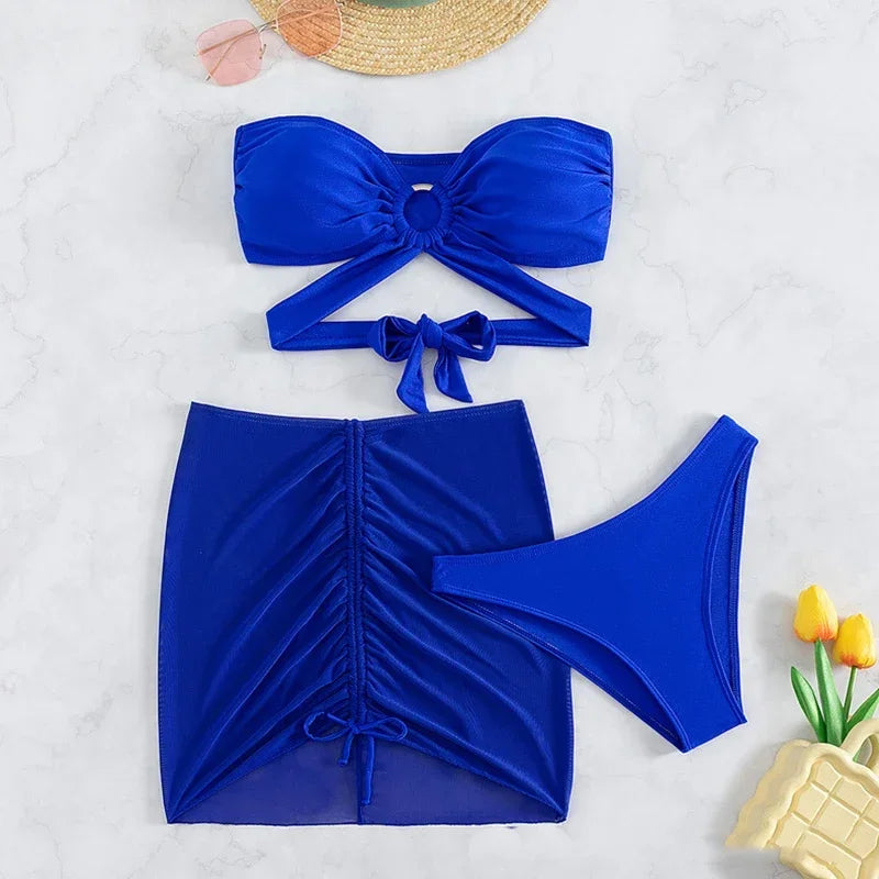 Blue Bandeau Swimwear Mesh Cover Up Three Piece Bikinis Sets